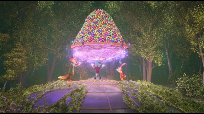 Animated film still of a rabbit and two foxes beneath a glowing basket balloon filled with colourful eggs at night