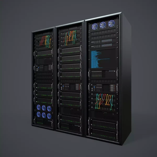 Three-quarter 3D render of three tall black server cabinets packed with rack units, green status LEDs and coloured network cables