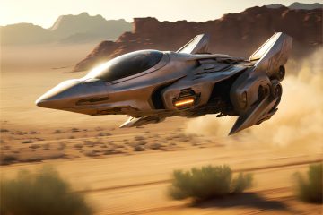Sci-fi concept art of a sleek silver spacecraft flying low over sunlit desert scrubland with red rock mesas behind
