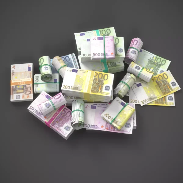 3D render of a large pile of banded and rolled euro banknote bundles, 50, 100, 200 and 500 euro notes