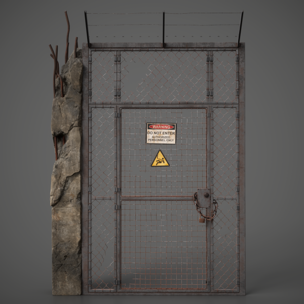 Front view 3D render of a padlocked chain-link security gate with barbed wire and a "Do Not Enter" warning sign