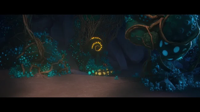 Animated film still of a night forest floor with glowing teal pods and a spiral plant lit by amber lights