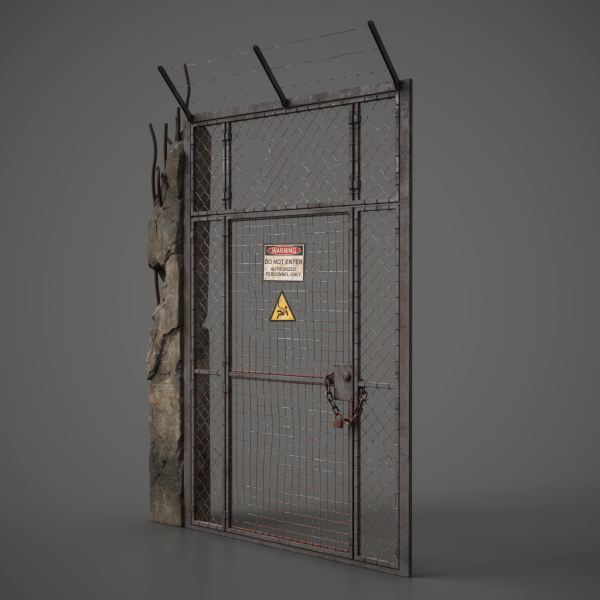 Perspective 3D render of a locked chain-link security door topped with barbed wire beside a rocky concrete pillar