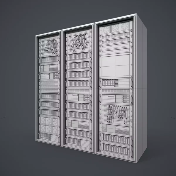 Wireframe render of three server racks filled with rack-mounted units, cables and cooling fans