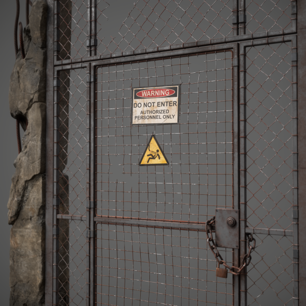 Close-up 3D render of a rusty chain-link gate beside a concrete wall, sign reading "Warning Do Not Enter Authorized Personnel Only"