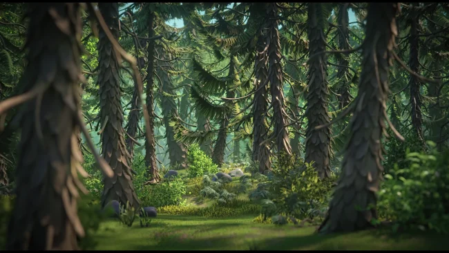 Animated film still of a stylised spruce forest interior with mossy ground, boulders and dappled light through the canopy