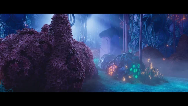 Animated film still of a misty night forest with purple foliage, glowing blue vines and luminous pods lining a path