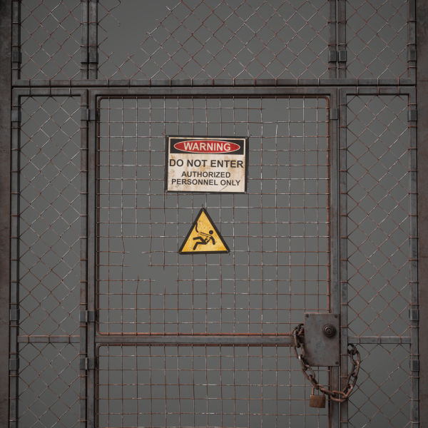 Detail 3D texture render of rusted chain-link fencing with warning and slip-hazard signs, chain and padlock