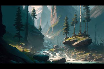 Painted concept art of a mountain gorge with a rushing river, pine trees and cliffs in hazy morning light