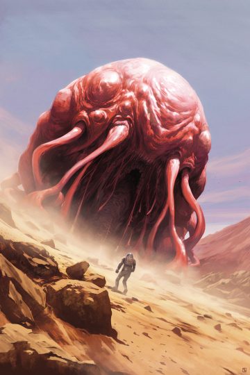 Concept art of a lone astronaut on a desert slope facing a colossal red tentacled creature looming above