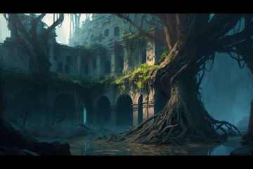Painted concept art of overgrown flooded stone ruins in a misty jungle, giant tree roots covering arched colonnades