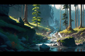 Painted environment concept art of a sunlit conifer forest gorge with a cascading stream over mossy rocks