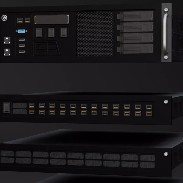 3D render of a black 3U rack-mount server with handles, drive bays and front ports, above a fibre patch panel and a blank vented panel