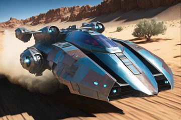 Sci-fi concept art of a blue armoured hover craft speeding low over red desert sand past canyon cliffs