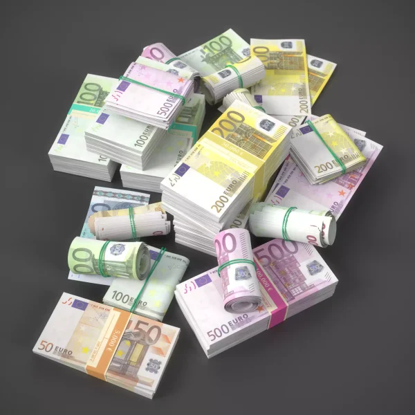 3D render of neatly banded euro banknote stacks and cash rolls arranged in a heap on a dark background