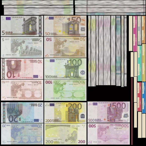 PBR diffuse texture atlas sheet showing front and back artwork of 5, 10, 20, 50, 100, 200 and 500 euro notes