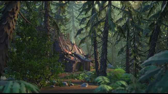 Animated film still of a weathered wooden cabin hidden among dense misty conifers with smoke rising from the roof