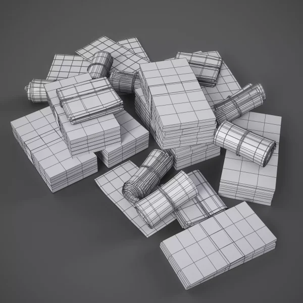 Wireframe topology render of a pile of banknote bundles and rolled-up cash stacks on a grey floor