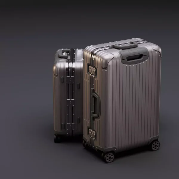 3D product render of two ribbed aluminium trolley suitcases seen from behind on a dark gradient background