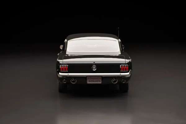 Rear view 3D render of a black classic Ford Mustang fastback with dual exhausts on a dark studio floor