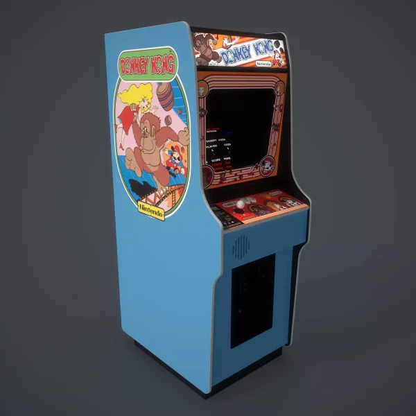 3D render of a Donkey Kong arcade cabinet from the side, showing the full blue side art panel and the lit attract screen