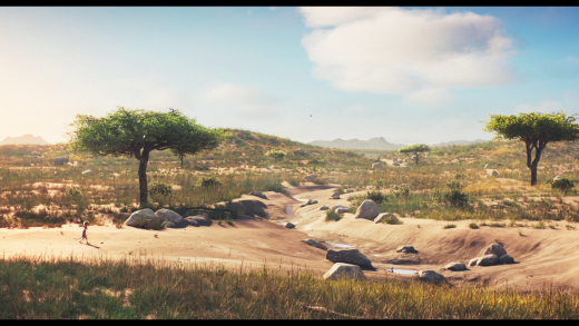 3D rendered savannah environment with acacia trees, dry grass, scattered boulders and a sandy riverbed under a cloudy sky