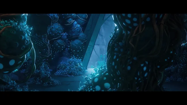 Animated film still of a bioluminescent blue cave with spotted pods and vines framing a tall pale stone monolith