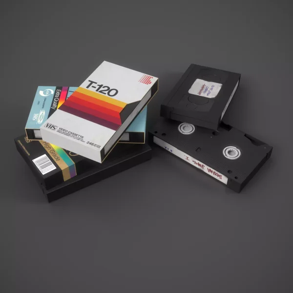 3D render of two black VHS cassettes and a stack of retro T-120 Extra Quality video cassette boxes