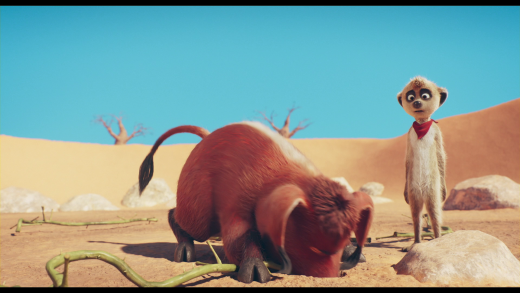 Animated film still of a furry red aardvark digging in desert sand while a wide-eyed meerkat with a red scarf watches